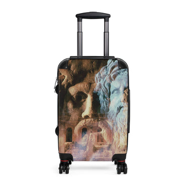 River Divinity premium luggage set - Classical river god sculpture with flowing beard superimposed on ancient temple ruins in amber light on durable polycarbonate travel suitcase